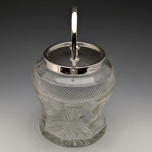 英国ヴィンテージ カットガラス ビスケットバレル シルバープレート蓋 823g